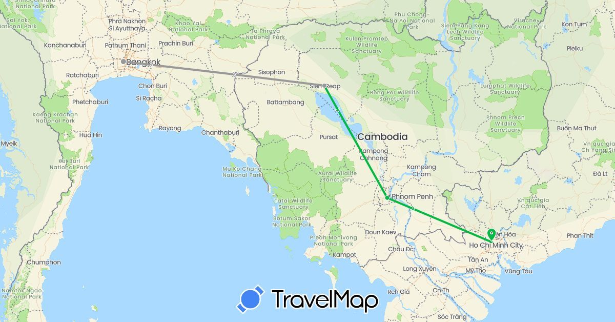 TravelMap itinerary: driving, bus, plane in Cambodia, Thailand, Vietnam (Asia)